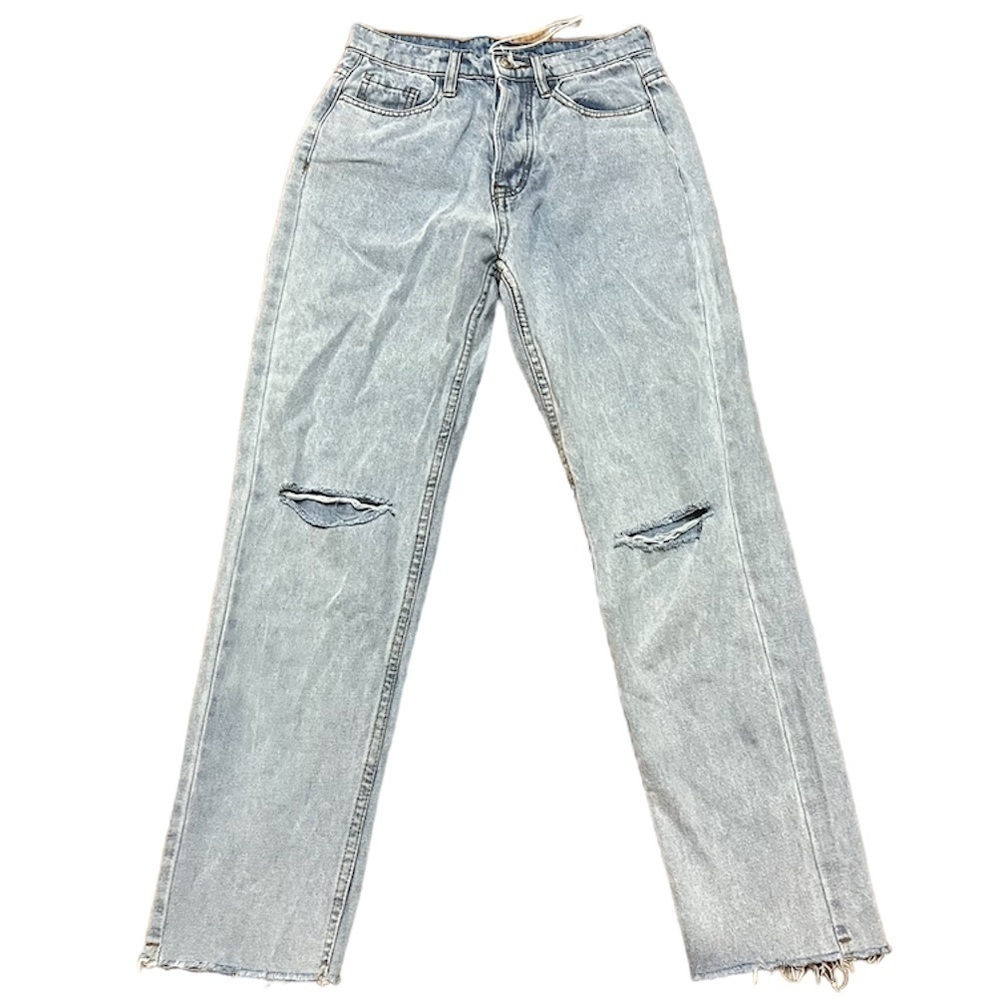 Princess Polly Light Wash Knee Slit Raw Hem Jeans Size 4 I1